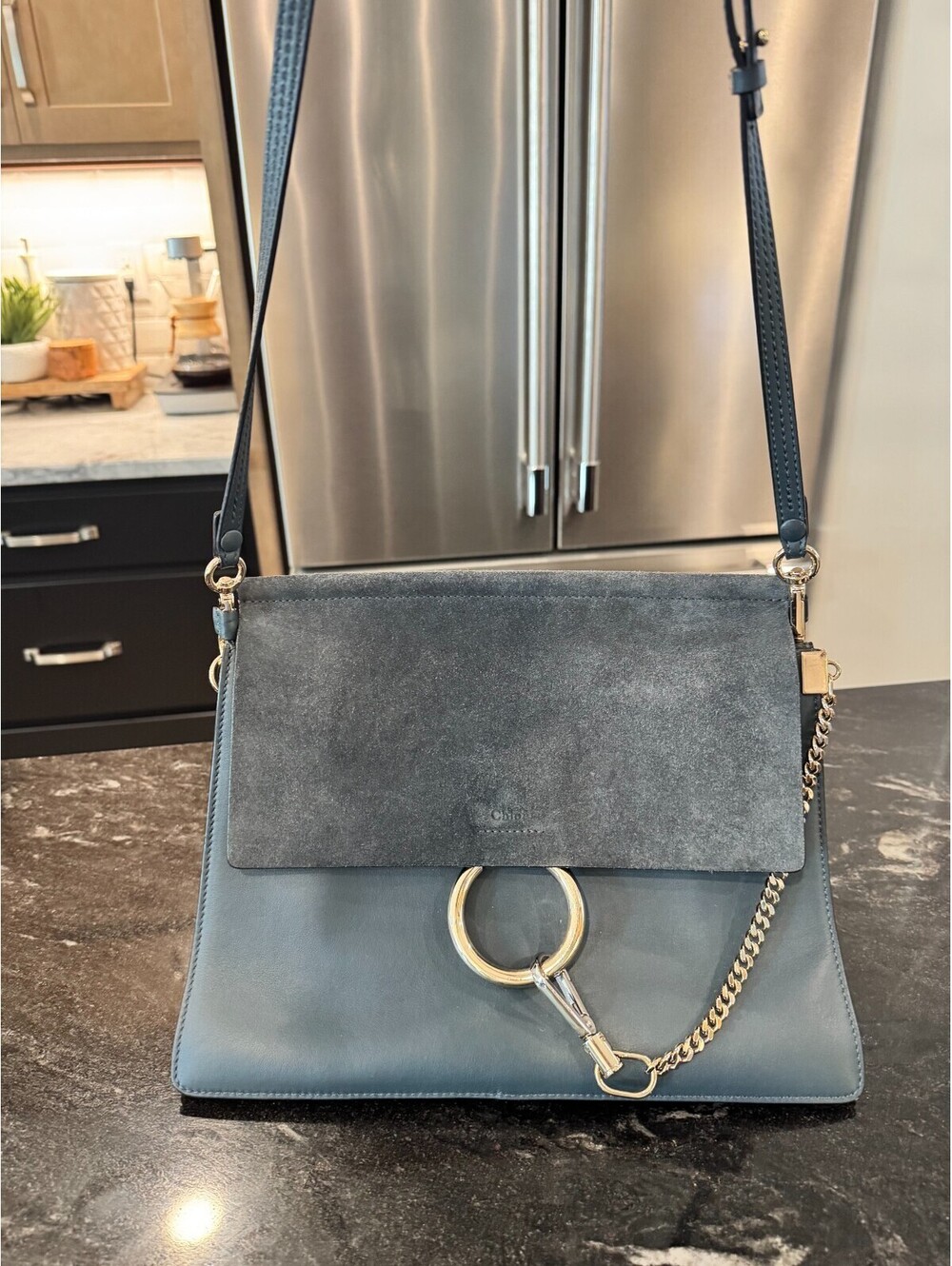 Chloe Calfskin Suede Faye Medium Shoulder Bag Silver Blue 3S1231-H20 NWT!!